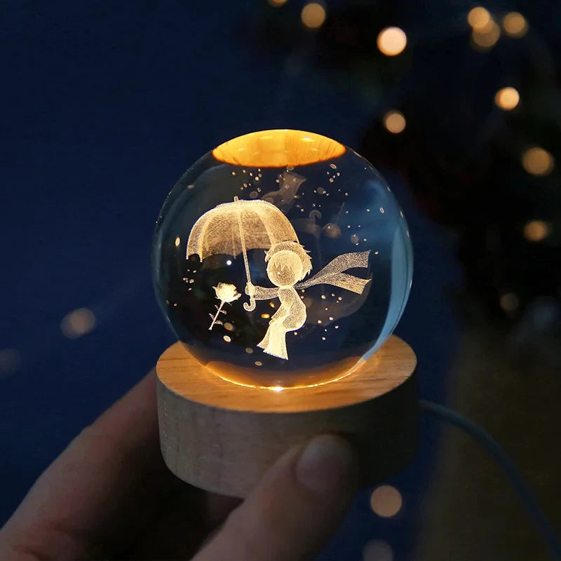 3D Crystal Ball Crystal Planet Night Light Engraved Solar System Globe Astronomy  Home Desktop Decoration